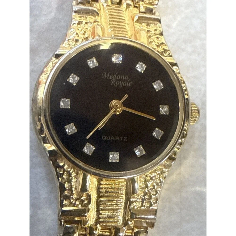 Vtg Medana ROYALE Ladies Diamond Gold Tone Nugget Style Watch 7.5